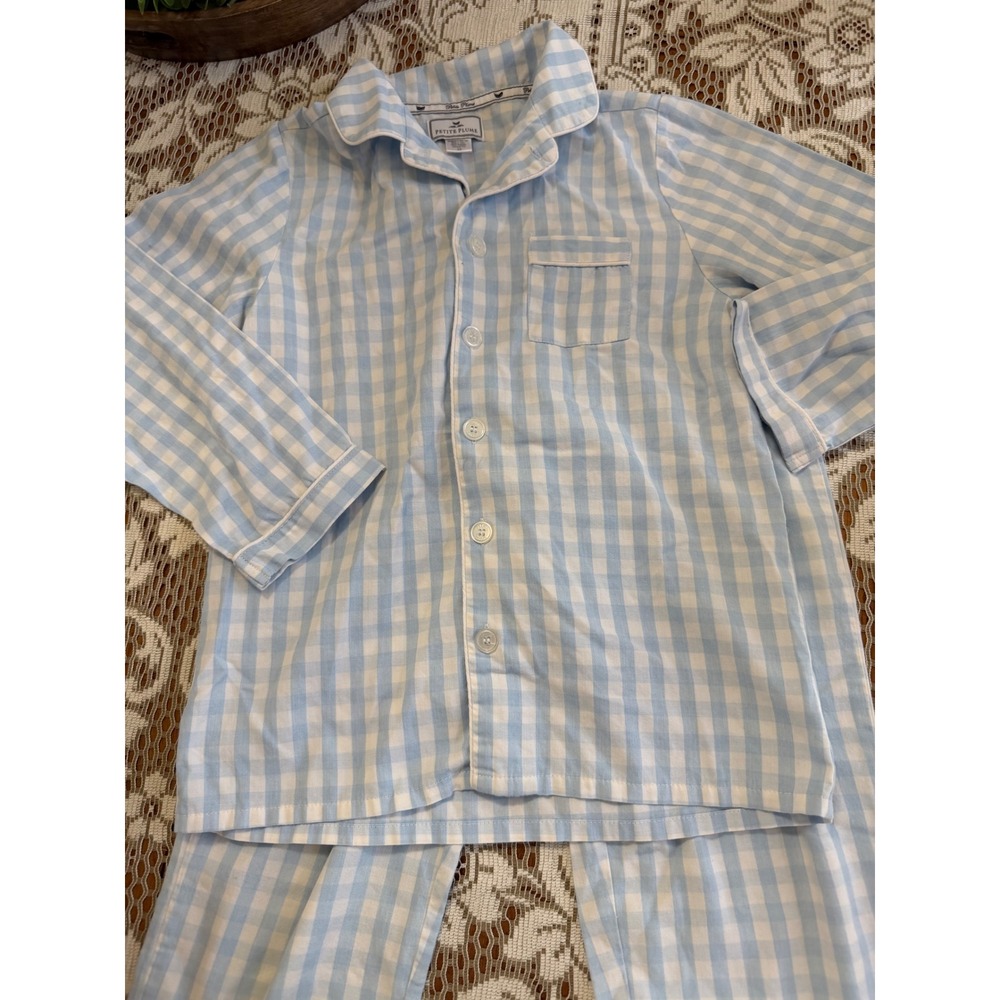 Petite Plume Kids Blue Gingham Pajama Set Size 10 Button Front Long Sleeve PJs